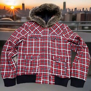 Roxy Plaid Bomber Jacket Womens Large Red Faux Fur Hood Quilted Coat Excellent‎